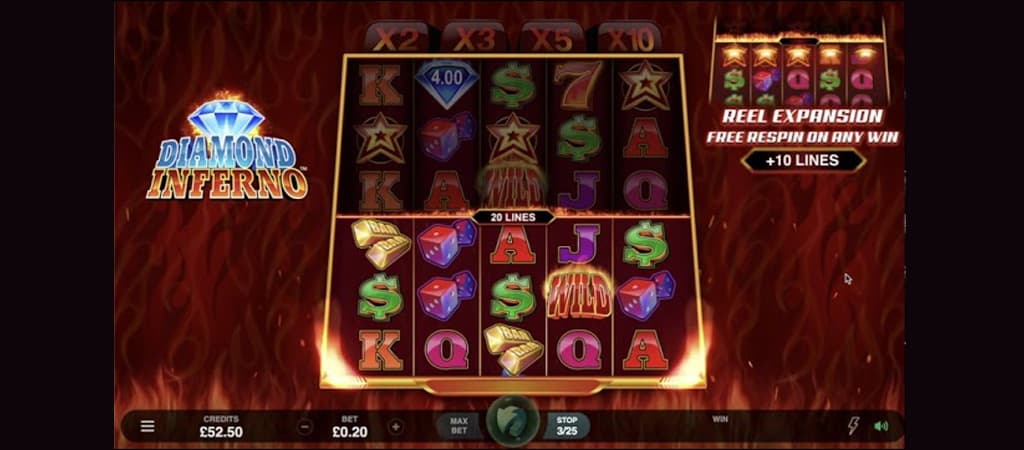 automat do gier, Diamond Inferno, symbole kasynowe, jackpot, linie wygrywające, darmowe respiny, ogniste tło, hazard online