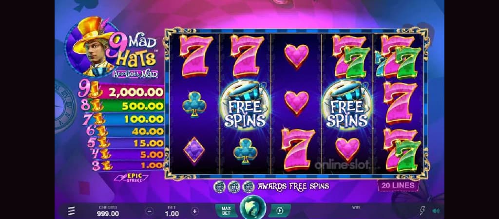automat do gier, 9 Mad Hats, darmowe spiny, kolorowe symbole, jackpot, linie wygrywające, motyw Alicji w Krainie Czarów