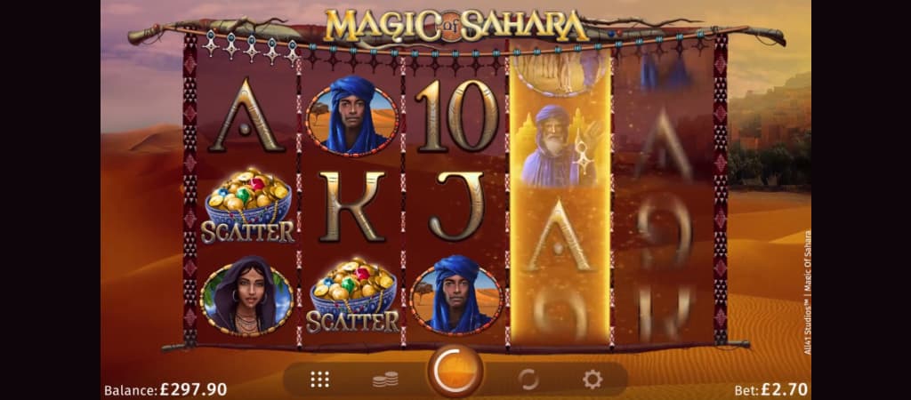 Magic of Sahara gra, automat do gier, bębny z symbolami, symbole kart, postacie, miska ze złotymi monetami, saldo
