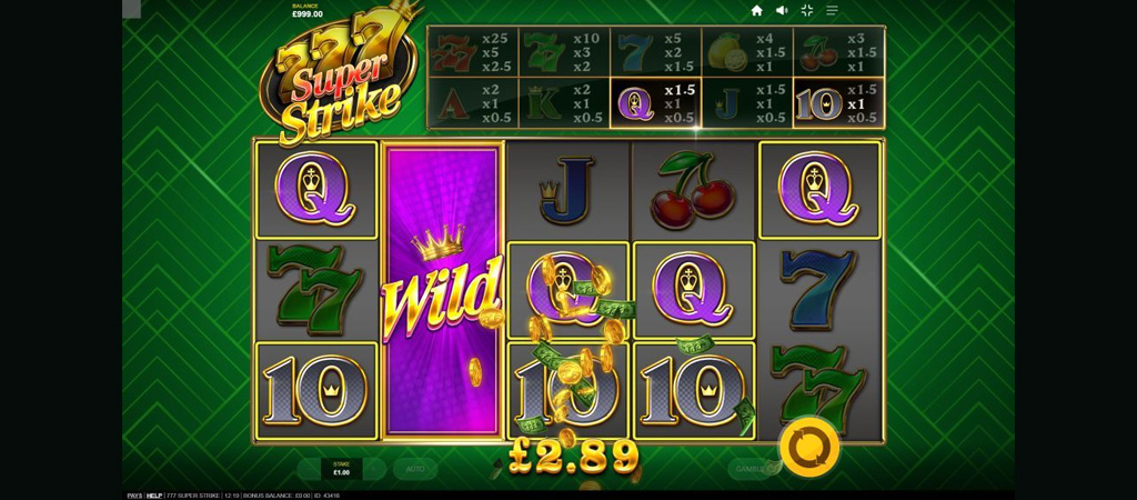 automat do gry online 777 Super Strike, wygrywający symbol "Wild", monety, tabela wypłat