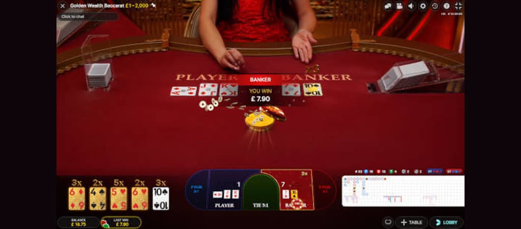 kasyno na żywo, Golden Wealth Baccarat, stół do bakarata, krupier, karty, hazard
