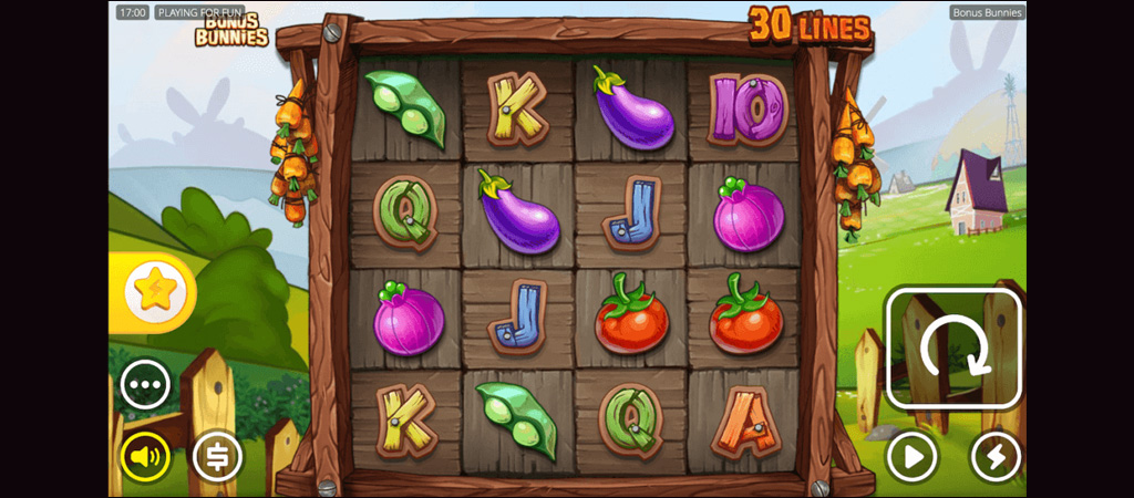 online slot Bonus Bunnies, motyw farmy, warzywa, marchewki, dynie, dom wiejski, płot, symbole liter i cyfr, kontrolki