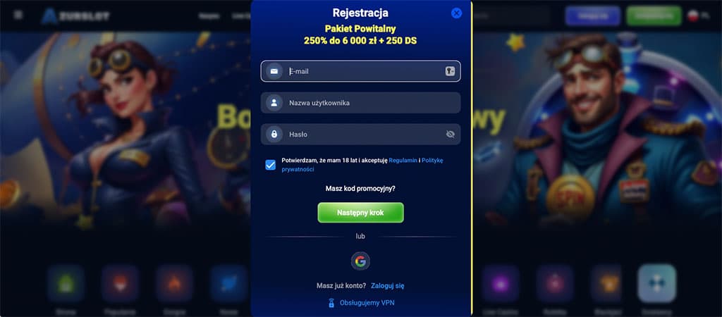 Azurslot casino, rejestracja, konto, pakiet powitalny, 250% bonus, darmowe spiny, e-mail, nazwa użytkownika, hasło, formularz