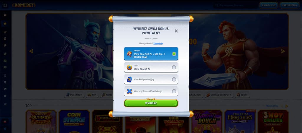 Romibet casino, Okienko, pop-up, rejestracja, wybór, bonus, powitalny, kasyno, sport, kod, promocyjny