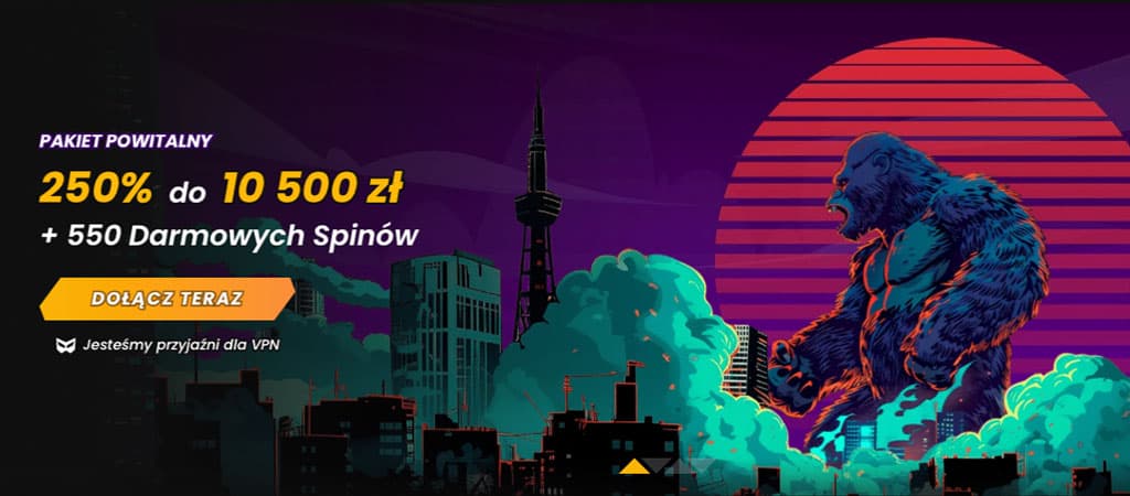 Wild Tokyo kasyno, pakiet powitalny, bonus, darmowe spiny, King Kong, retro, neon, miasto, cyberpunk, sci-fi, japoński styl