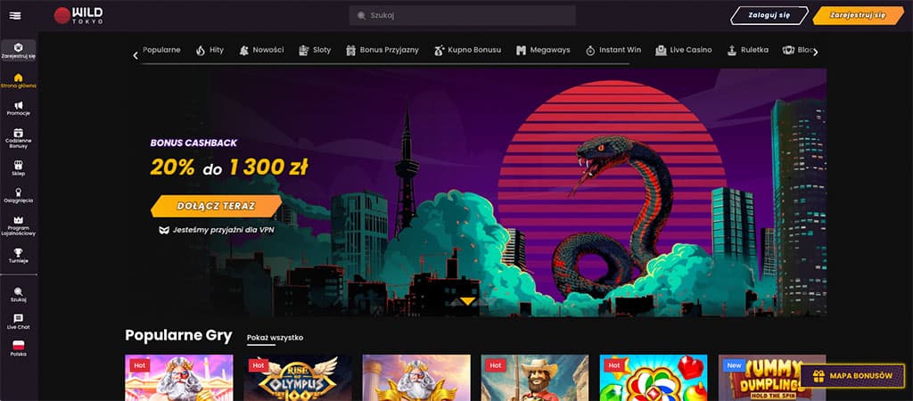 Kasyno online, hazard, Wild Tokyo, kasyno, strona internetowa, styl retro, Tokyo, wąż, potwór, bonus, cashback, sloty, gry
