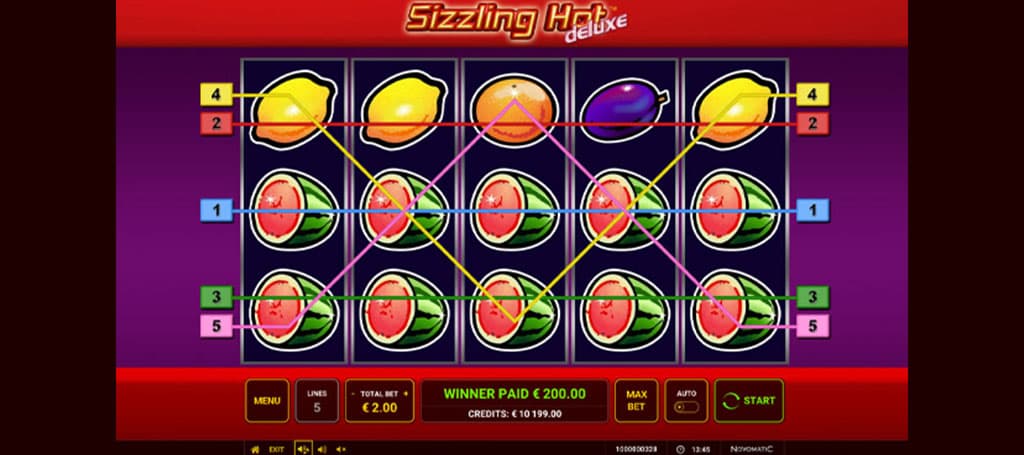 Slot online, Sizzling Hot Deluxe, owocówka, klasyczny automat, bębny, gra, hazard, zwycięska kombinacja, ekran gry, symbole