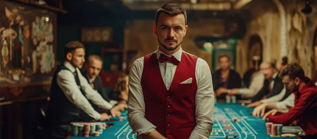 krupier, kasyno, profesjonalista, poker, hazard, gry stołowe, portret, elegancki, mucha, obsługa, kasyno na żywo