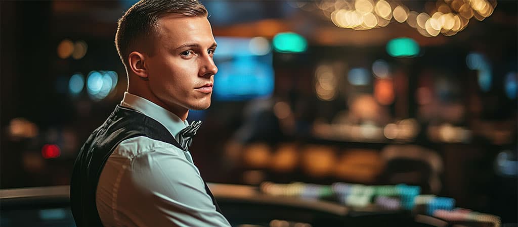 krupier, kasyno, profesjonalista, poker, hazard, gry stołowe, portret, elegancki, krawat, obsługa, kasyno na żywo, obsługa