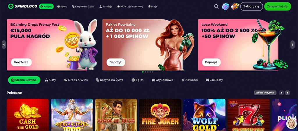 Spinoloco kasyno, strona główna, pakiet powitalny, promocje, królik, piękna kobieta, gry kasynowe, Wolf Gold, Book of Dead