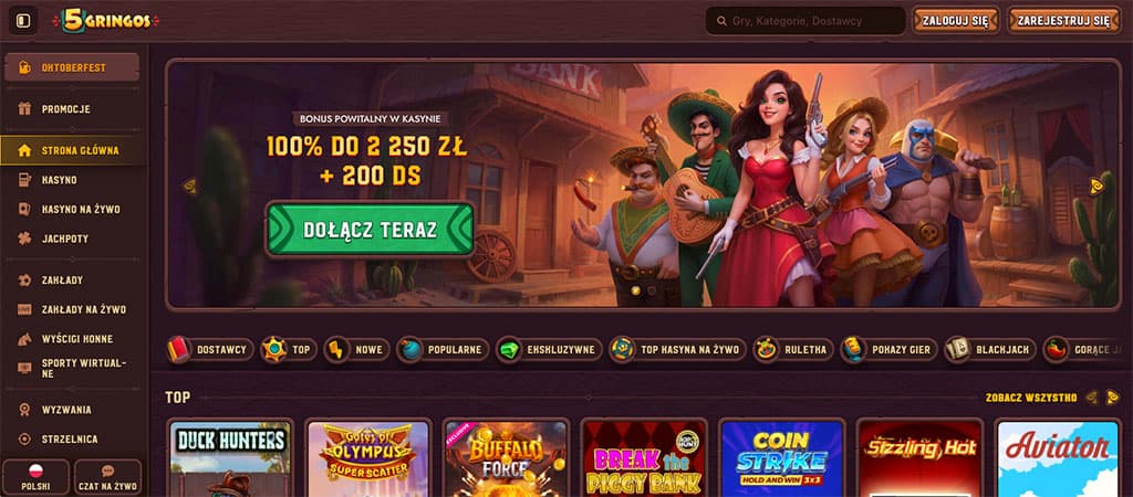 Strona główna 5Gringos Casino, baner powitalny 100% do 2250 zł, darmowych spinów, postacie w stylu meksykańskim, Logowanie