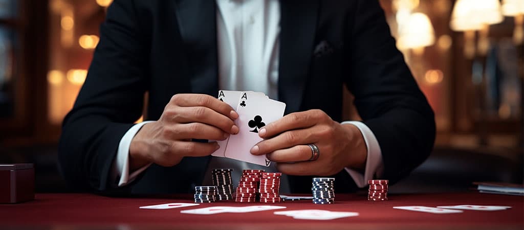 odpowiedzialna gra, kasyno, hazard, poker, blackjack, karty, żetony, krupier, gracz, elegancki mężczyzna, bezpieczeństwo