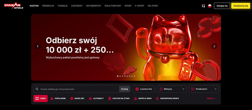 Vulkan Spiele kasyno, czarny interfejs, czerwony kot Maneki-Neko, baner promocyjny, 10000 zł bonus, 250 darmowych spinów