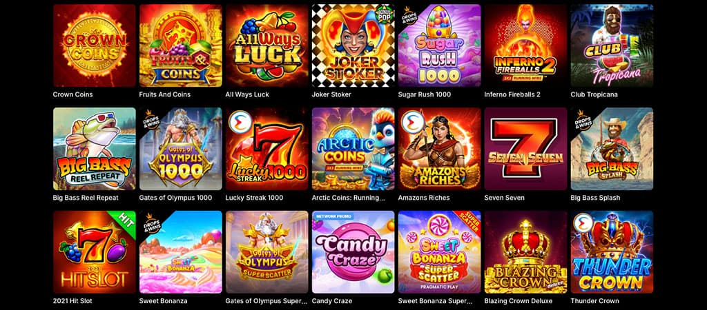 siatka gier slotowych, kasyno online, automaty, Crown Coins, Sugar Rush, Gates of Olympus, Big Bass Splash, Sweet Bonanza