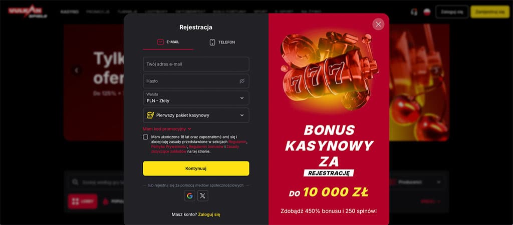 wyskakujące okno, rejestracja, formularz konta, e-mail, hasło, waluta złoty, bonus powitalny, do 10000 zł, automat do gry