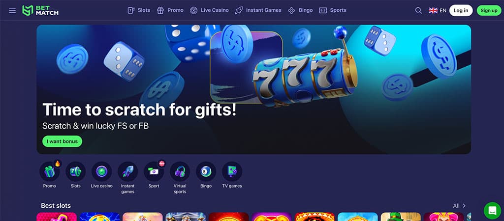 strona główna Betmatch, kasyno online, baner promocyjny, kostki, monety, automat do gry, nawigacja, menu gier, logowanie