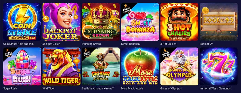 siatka gier slotowych, Betmatch, Jackpot Joker, Stunning Crown, Sweet Bonanza, Sugar Rush, Wild Tiger, Gates of Olympus