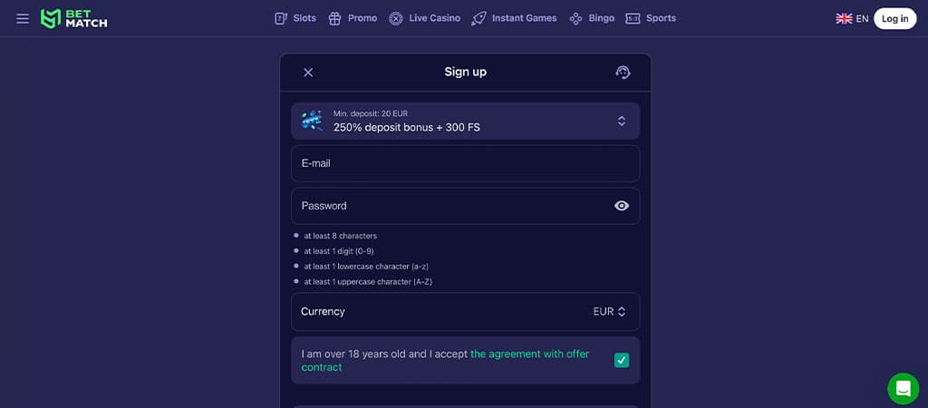 wyskakujące okno, rejestracja, Betmatch, depozyt, bonus powitalny, pole email, pole hasło, waluta euro, akceptacja regulaminu