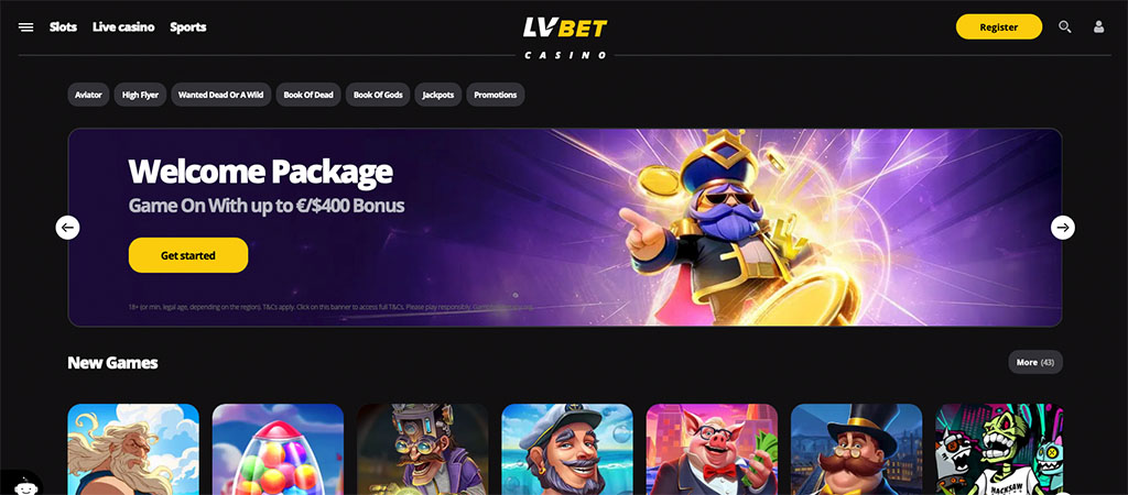 LVBet Kasyno, strona główna, pakiet powitalny, bonus $400, nowe gry, sloty, logo, rejestracja, promocje 