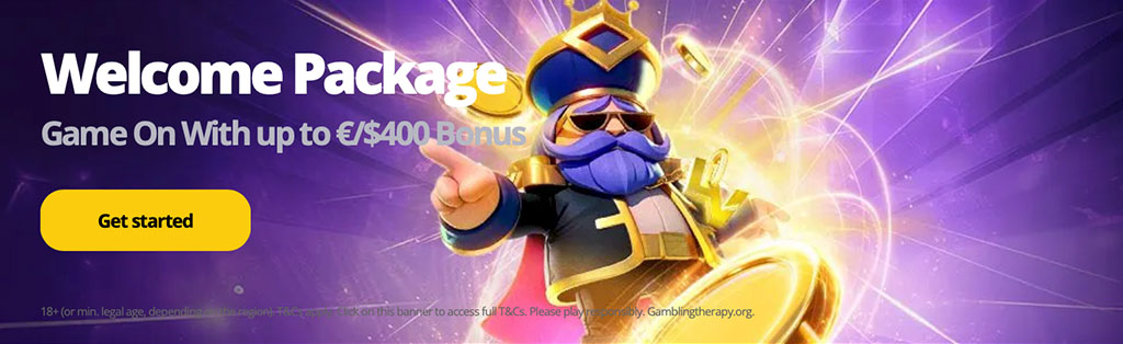 LVBET Kasyno, promocja, powitalny bonus, $400, postać Króla, gra, blask, fiolet, żółty przycisk 