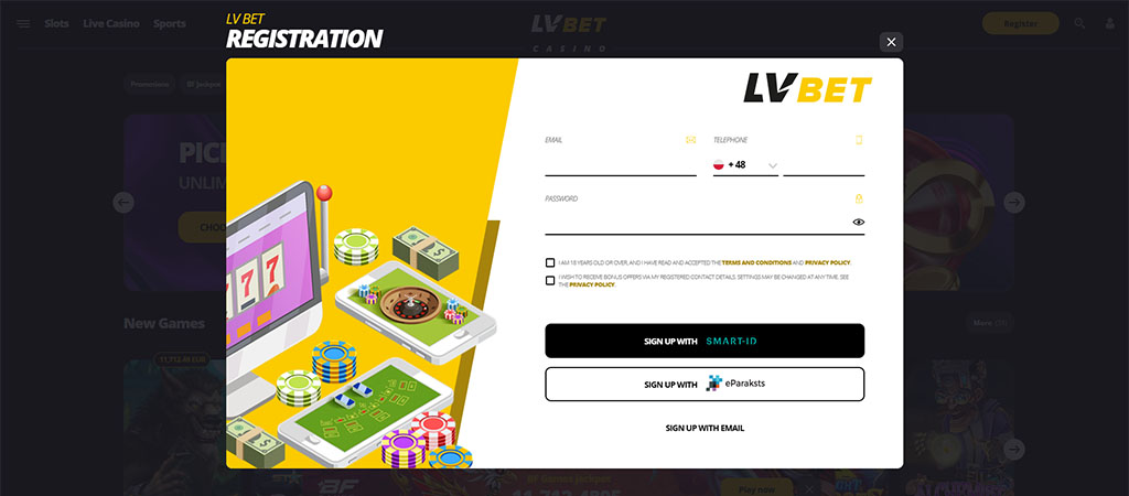 LVBET, rejestracja, formularz, konto, e-mail, hasło, telefon, Smart-ID, eParaksts, kasyno, pop-up 