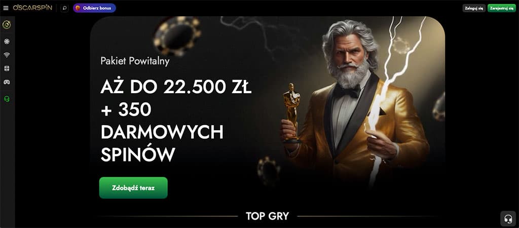 Oscarspin kasyno, strona główna, Pakiet Powitalny, bonus, 22.500 zł, 350 darmowych spinów, mężczyzna z brodą, złoty garnitur