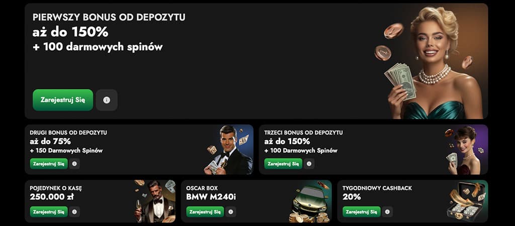 promocje depozytowe, kasyno Oscarspin, bonusy powitalne, 250.000 zł, luksusowy samochód, darmowe spiny