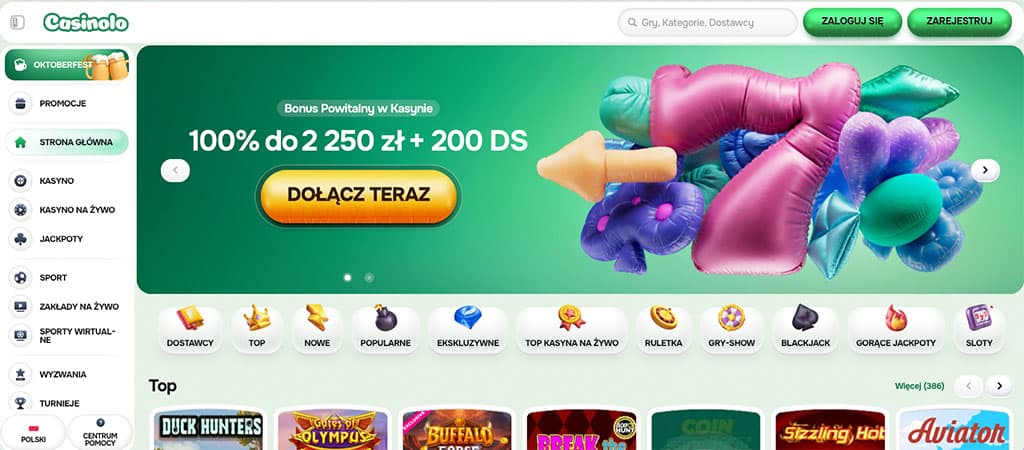 Strona główna Casinolo, baner powitalny 100% do 2250 zł + 200 darmowych spinów, kolorowe balony, menu boczne Kasyno