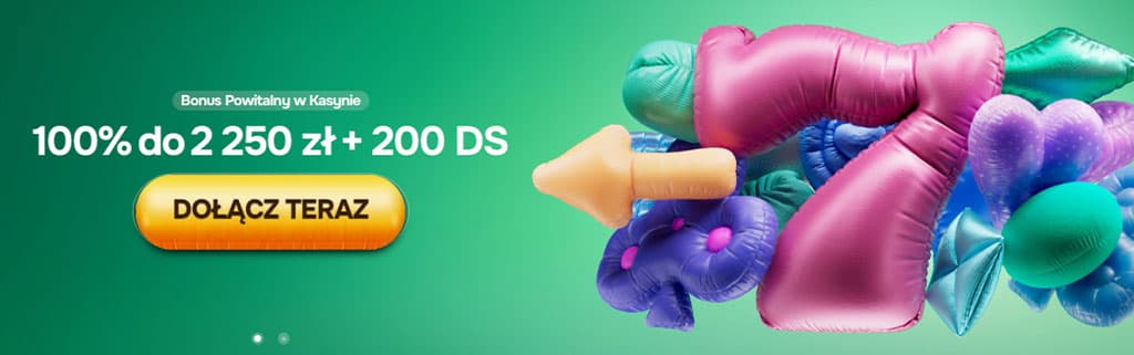 Baner powitalny Casinolo, oferta 100% do 2250 zł + 200 darmowych spinów, zielone tło, kolorowe balony, przycisk Dołącz teraz