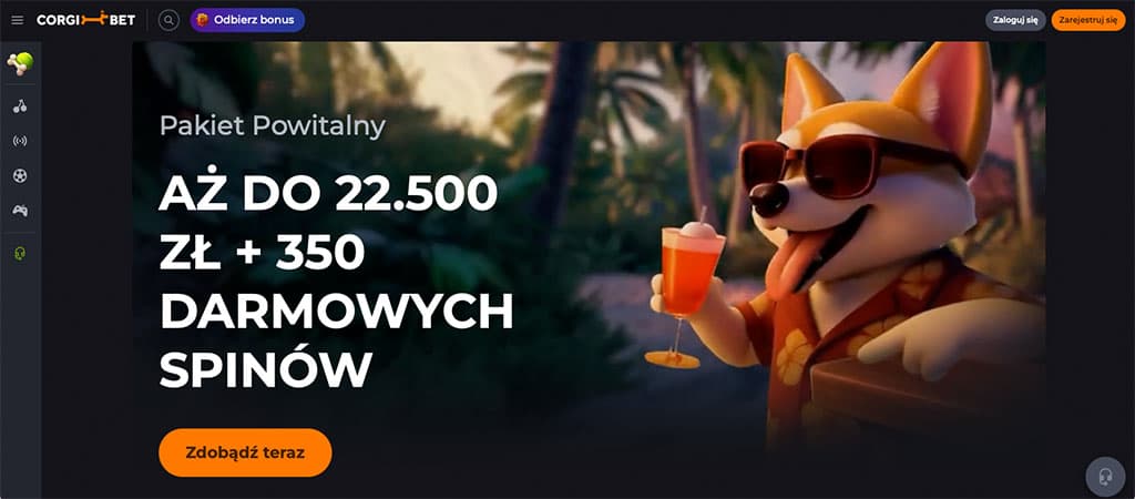 Kasyno online, CorgiBet, pakiet powitalny, bonus do 22.500 zł, 350 darmowych spinów, rejestracja, logowanie, baner