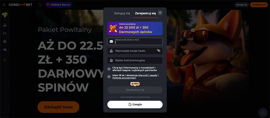 Rejestracja w kasynie online, CorgiBet, pakiet powitalny do 22.500 zł, darmowych spinów, formularz logowania i rejestracji