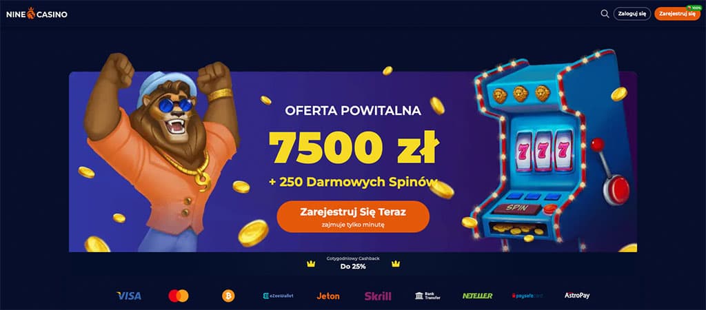 kasyno online, Nine Casino, oferta powitalna, 7500 zł bonus, 250 darmowych spinów, automat do gry, maskotka lew, złote monety