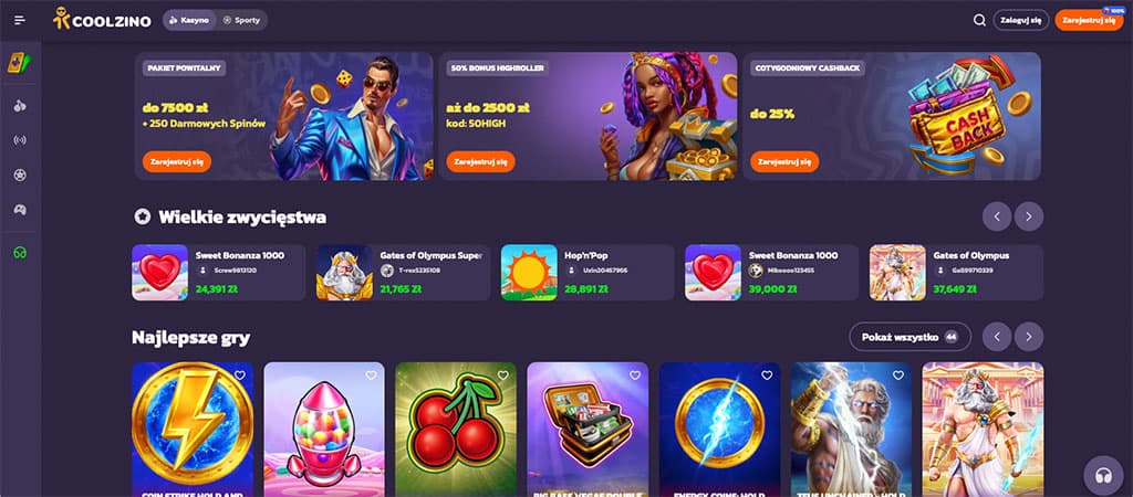 CoolZino strona główna, pakiet powitalny do 7500 zł, 250 darmowych spinów, cashback do 25%, wielkie zwycięstwa, najlepsze gry