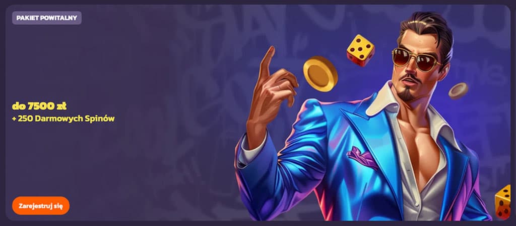 CoolZino bonus, darmowych spinów, elegancki mężczyzna w niebieskim garniturze, kości i monety, przycisk rejestracji
