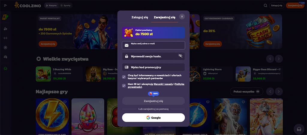 CoolZino rejestracja, formularz logowania, pakiet powitalny do 7500 zł, pola na e-mail i hasło, kod promocyjny