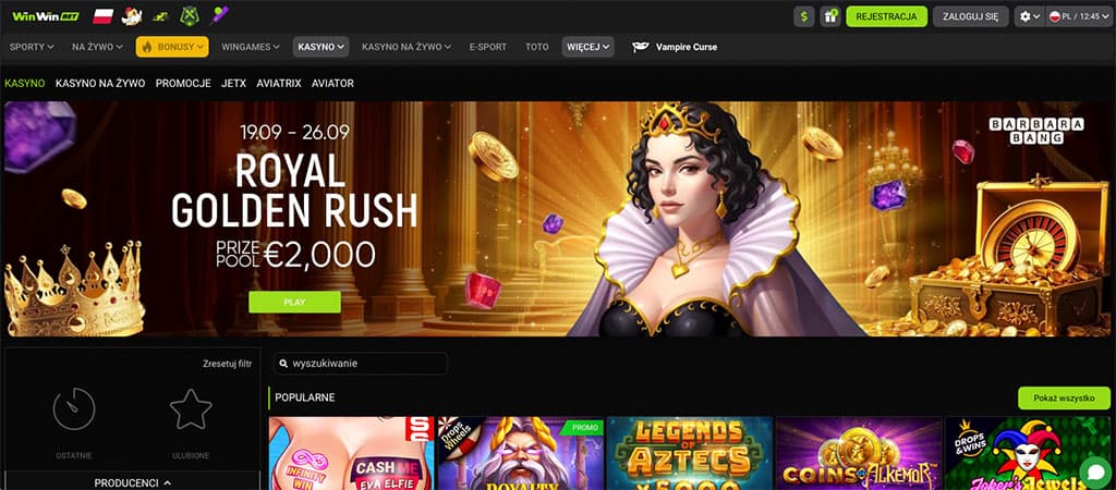 strona główna kasyna online, promocja Royal Golden Rush, nagroda 2000 euro, królowa, złoto, korona, klejnoty, przycisk Play