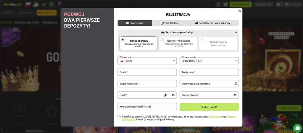 formularz rejestracyjny kasyna online, pola danych osobowych, wybór kraju i waluty, bonus powitalny, przycisk rejestracji