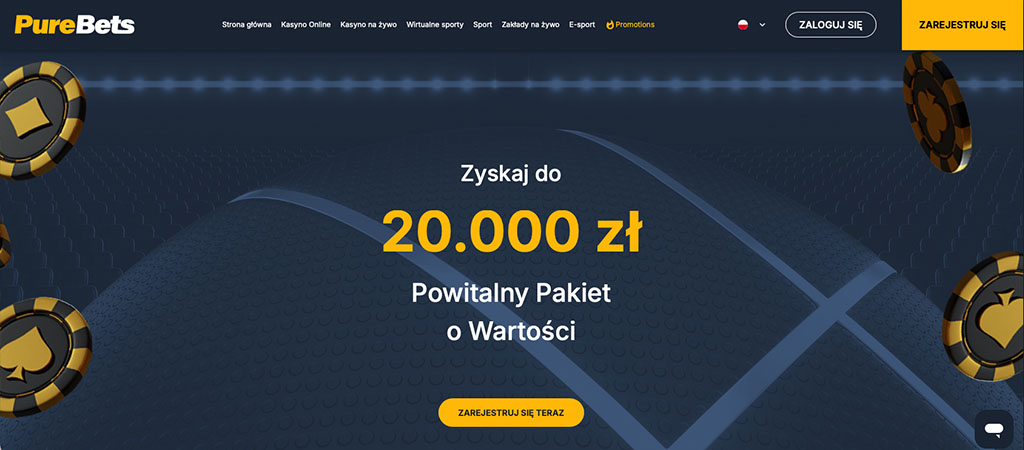 strona główna kasyna online, oferta powitalna do 20 000 zł, żetony kasynowe, żółte przyciski, nowoczesny design