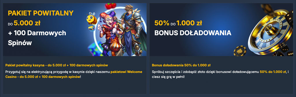 bonusy kasynowe, pakiet powitalny do 5000 zł i 100 darmowych spinów, bonus doładowania 50% do 1000 zł, postacie z gier