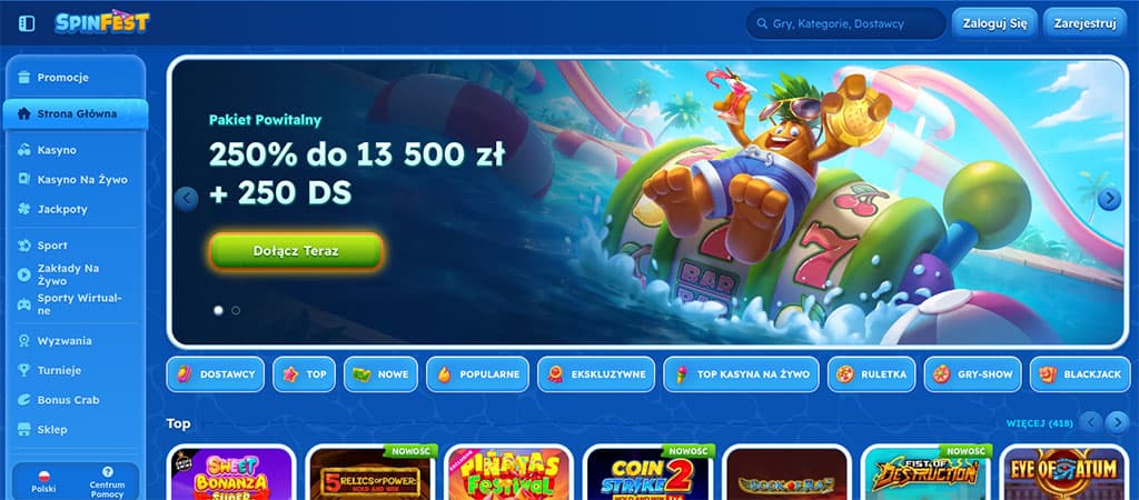 kasyno online, SpinFest, pakiet powitalny, 250% do 13 500 zł, darmowe spiny, gry kasynowe, automaty, promocje, hazard online