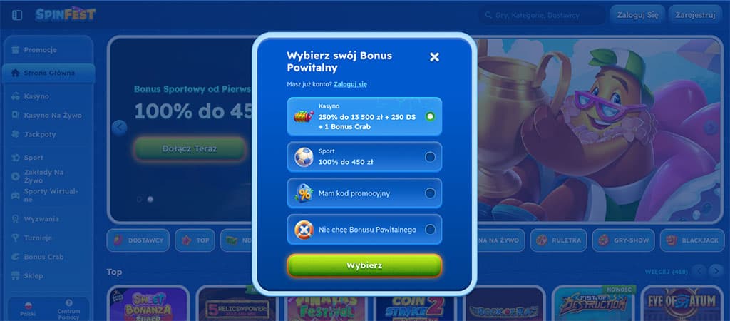 rejestracja w kasynie, wybór bonusu powitalnego, SpinFest, bonus kasynowy, bonus sportowy, darmowe spiny, kod promocyjny