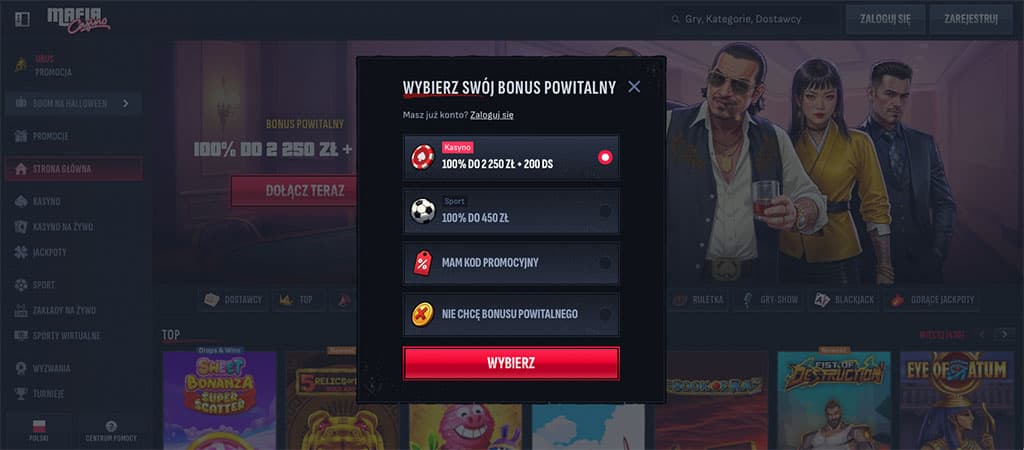 Jak założyć konto, Mafia Casino, register, bonus powitalny