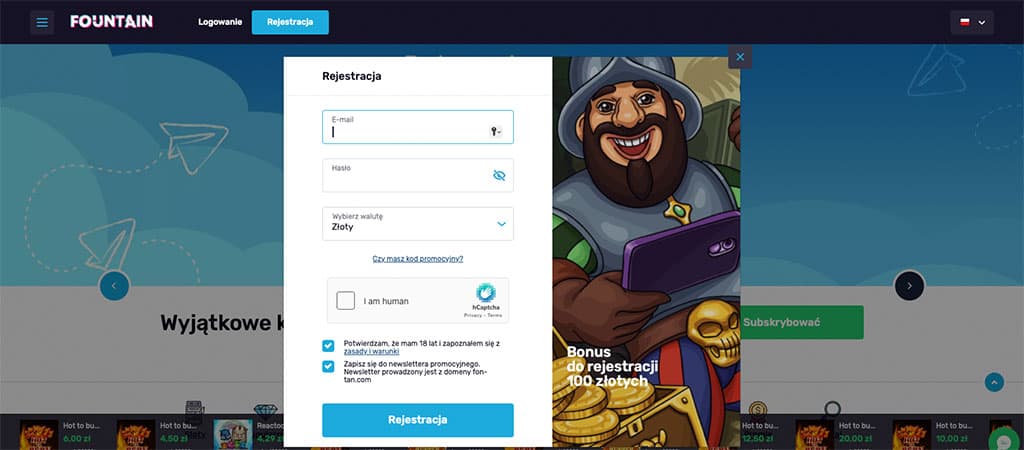 Rejestracja konta w Fontan Casino, bonusy