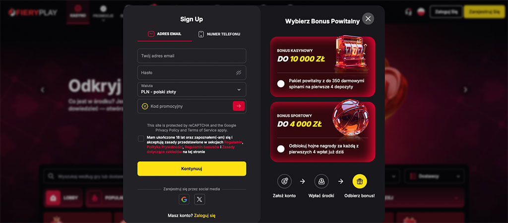 Rejestracja w FieryPlay Casino, Kasyno na Żywo