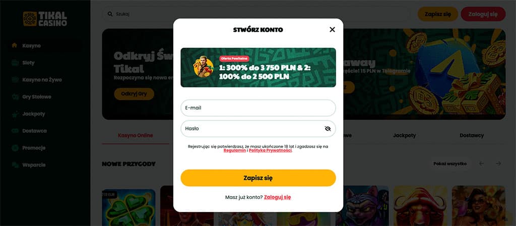 Rejestracja, Zapisz Się Jako Przycisk Zakładani Konta w Tikal Casino