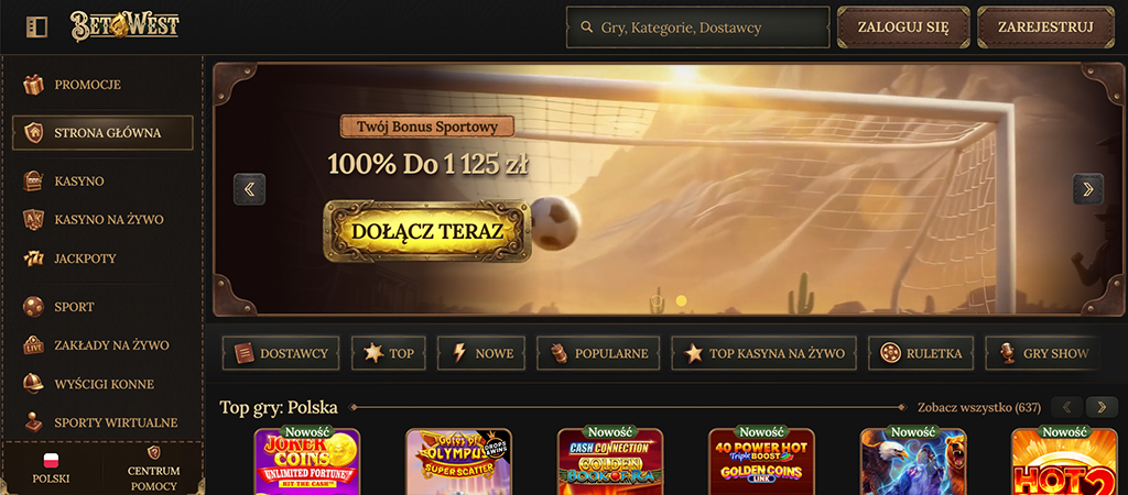 BetWest, kasyno, strona główna, bonus, sport, gry, automaty, zakłady, piłka, bramka, internetowe, polskie