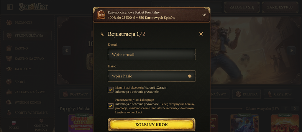 BetWest, rejestracja, kasyno, pakiet powitalny, e-mail, hasło, kolejny krok, formularz, bonus, darmowe spiny