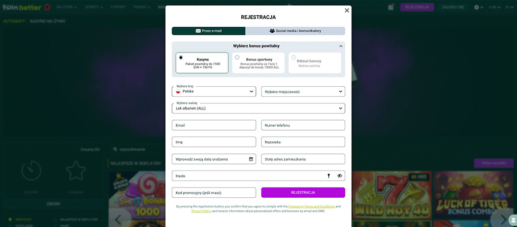 Rejestracja za pośrednictwem, online casino
