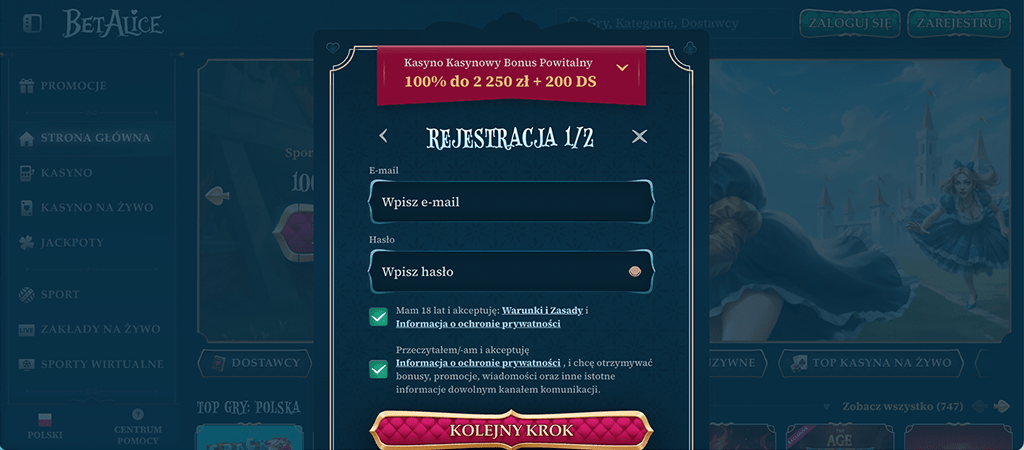 proces rejestracji, BetAlice Casino, online casino