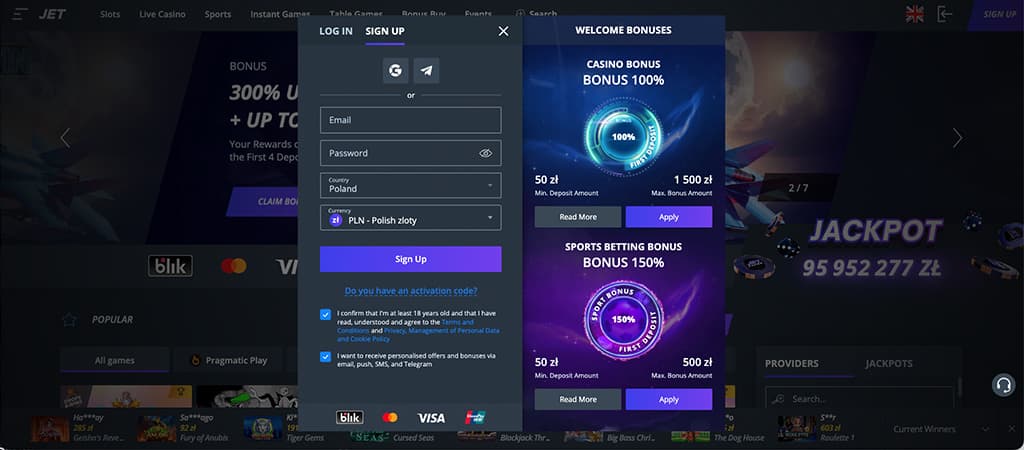 Rejestracja Konta w Jet Casino, online casino